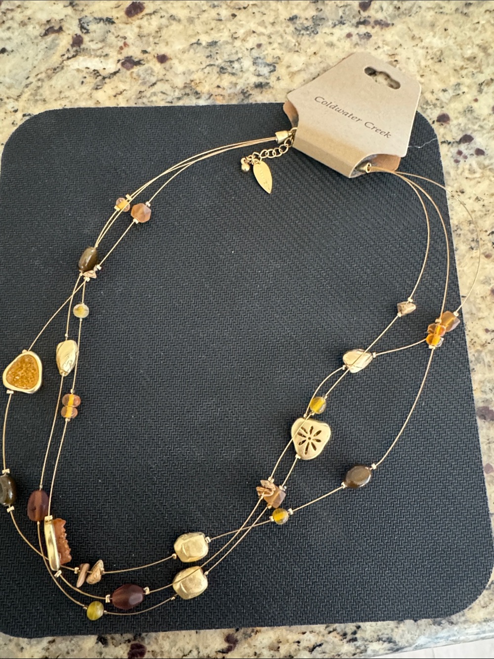 Coldwater Creek Gold Multi-Strand Necklace with Brown and Amber Beads